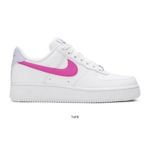 White NIKE air forces with pink swoosh and blue back!
